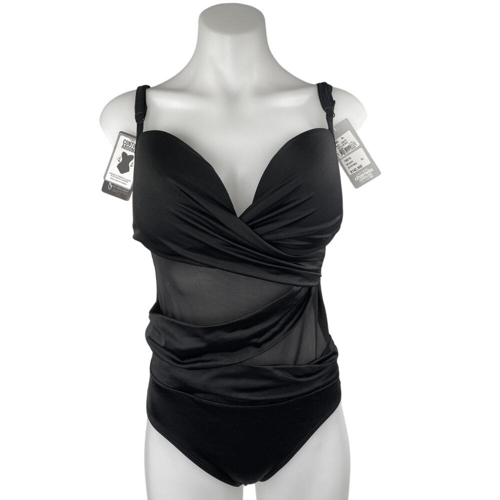 NEW Chamela Black Sleeveless Plunge Neck Mesh One Piece Swimsuit Bikini Size XL
